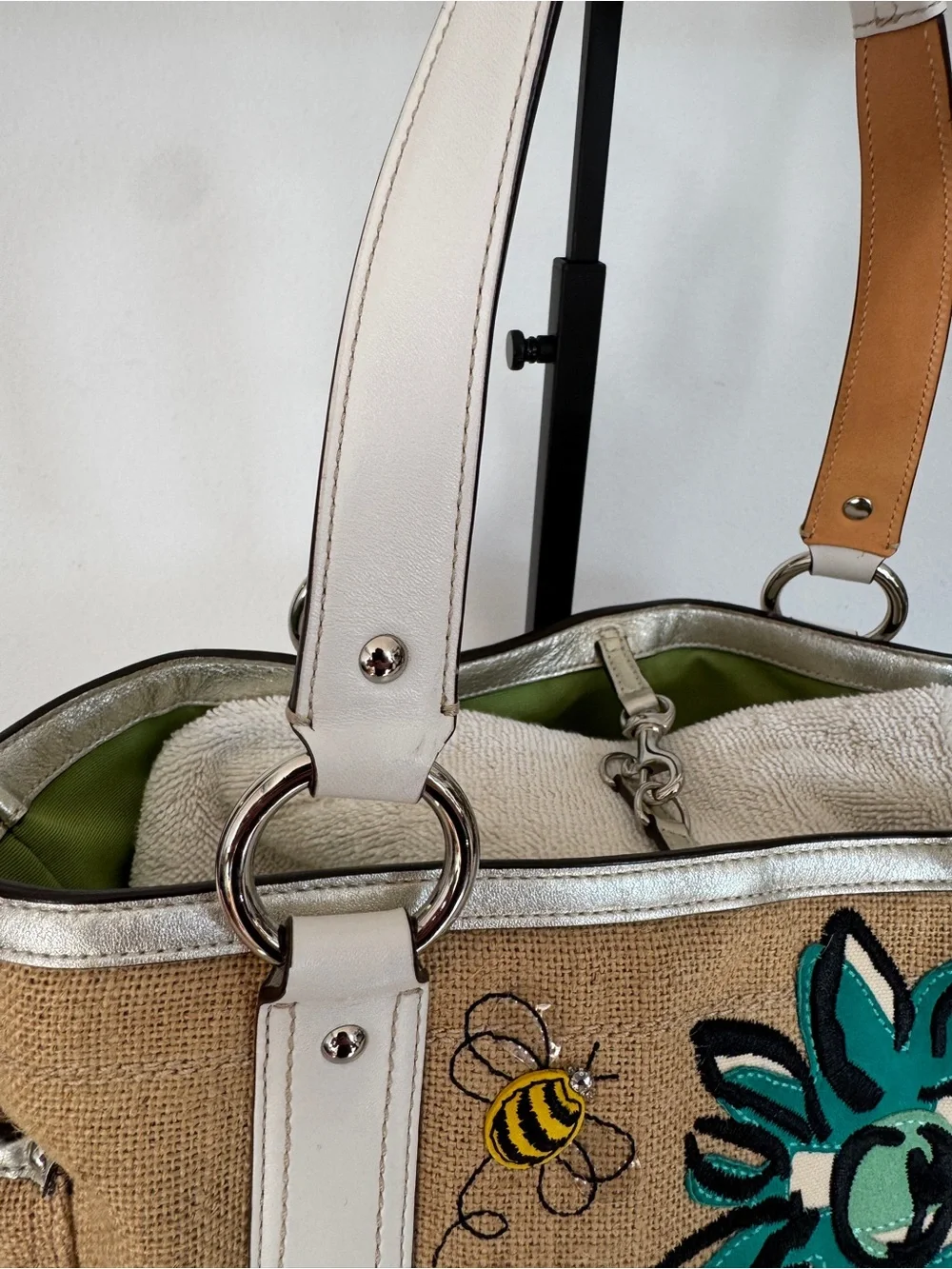 Coach Limited Edition Bumble Bee Floral Tote with White Trim and Green Interior